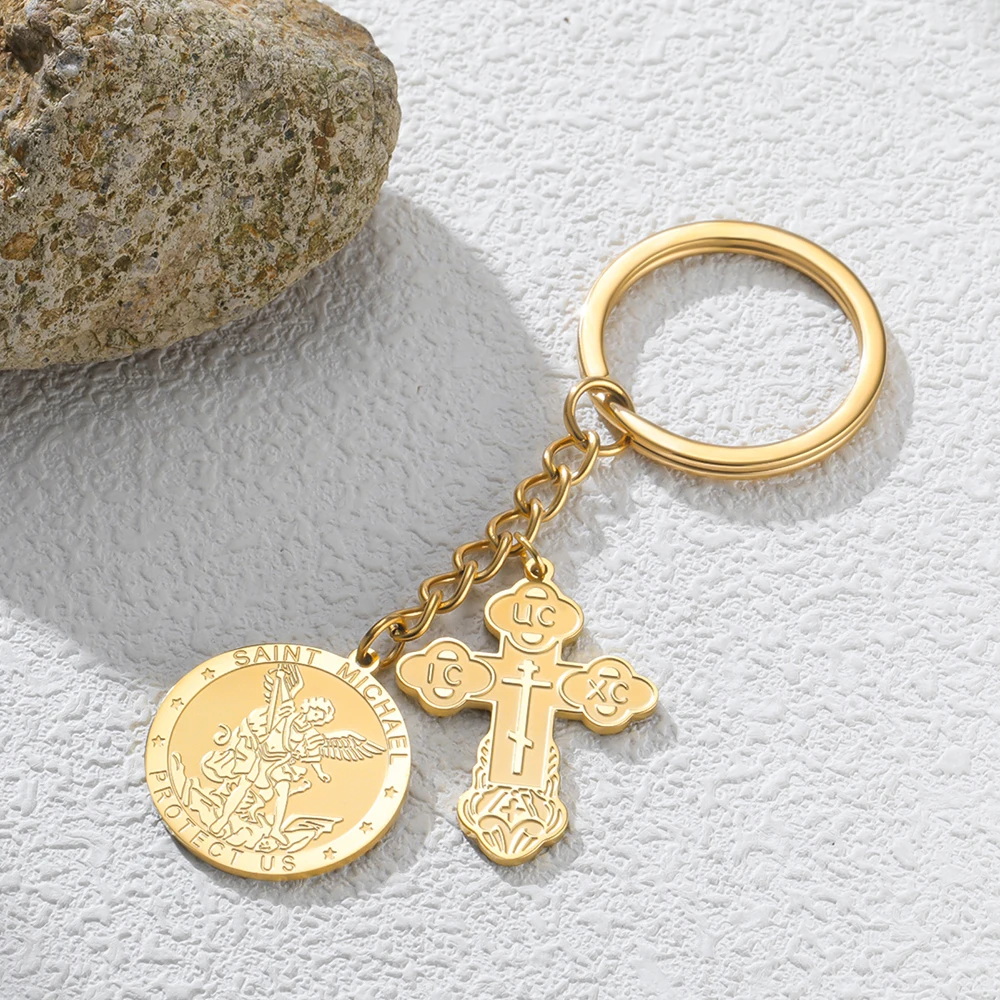 Dawapara Orthodoxes Kreuz und Heiliger Michael Anhänger Schlüsselanhänger Religiöses Gebet Erzengel Christlicher Talisman Edelstahl Schlüsselring – Detail 15