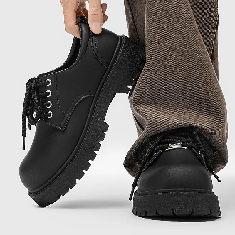 

New Men's Black Thick Sole Derby Shoes Round Toe Height Increasing Casual Leather Shoes British Style Platform Workwear Footwear