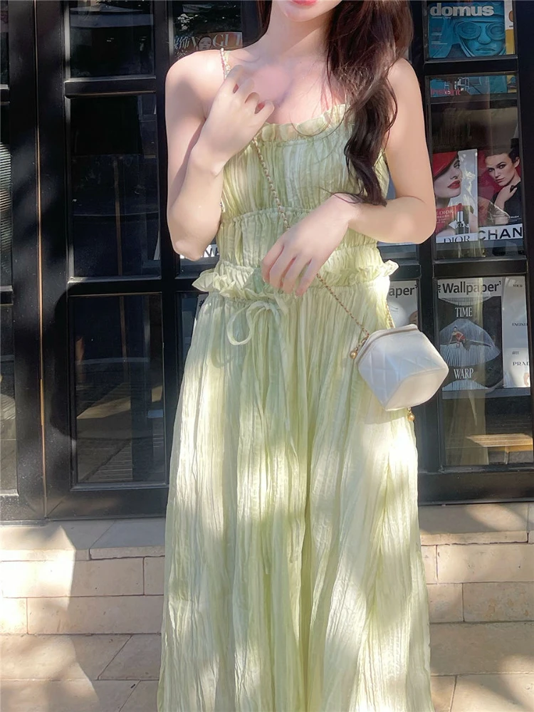 Korean Fashion Green Cute Strap Dress Women Sweet Elegant Party Midi Dress Female Chiffon France Boho Beach Dress 2023 Summer