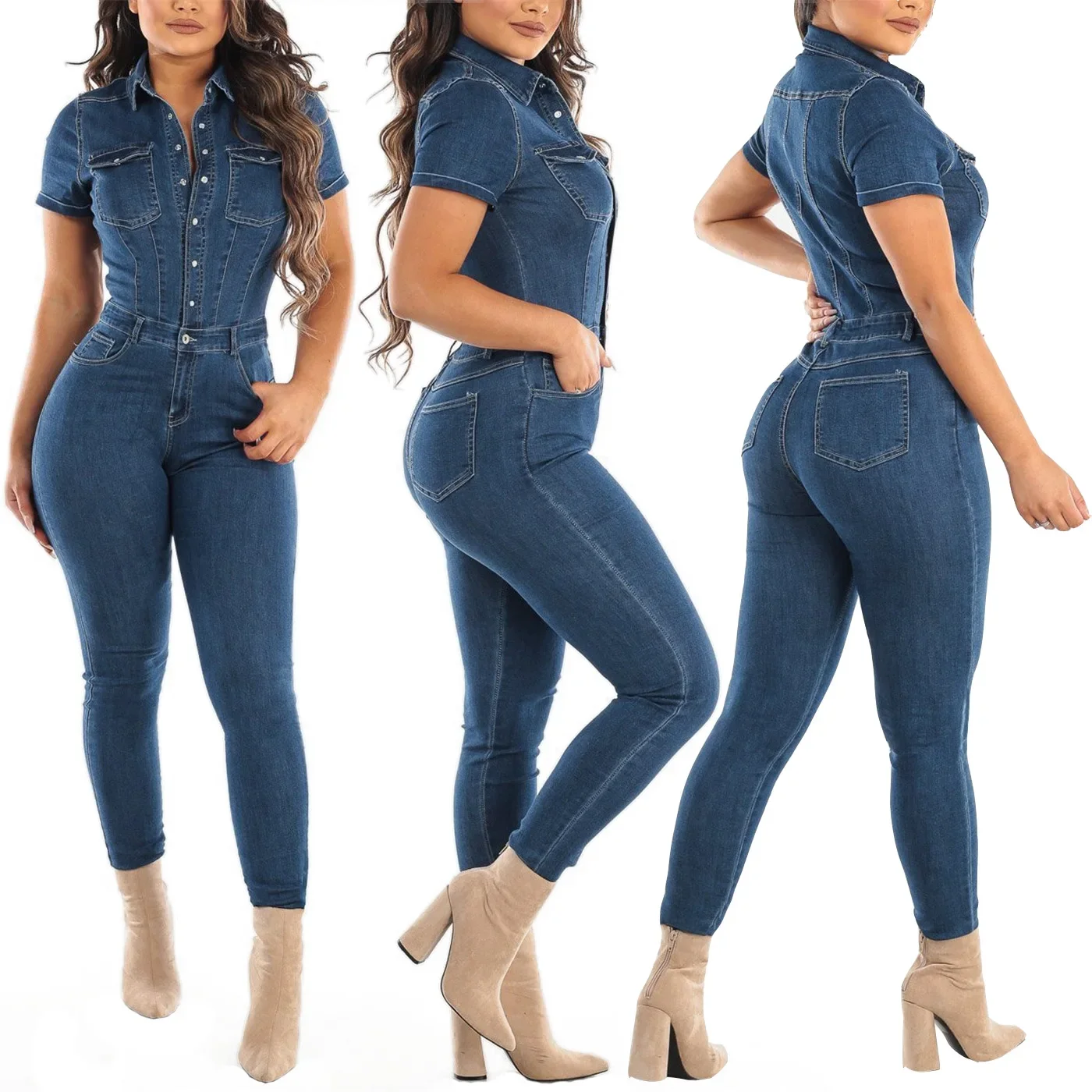 

Women Jeans Pencil Pants Ankle Length Overalls Jumpsuits Denim Pockets Streetwear Sheath Slim Single Breasted Spliced Button