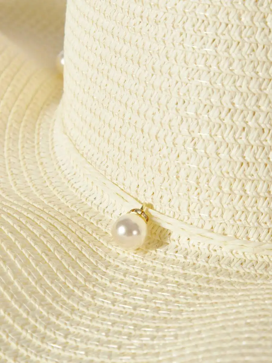 

Boho Style Straw Sun Hat With Faux Pearl Decor For Summer Beach Outdoor