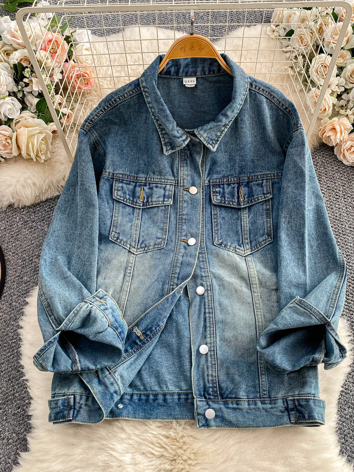 

Retro Sle Faded Denim Long Sve Jaet Women Loose Slimming Outerwear Casual Straight Cut Autumn Season Faionable Coat