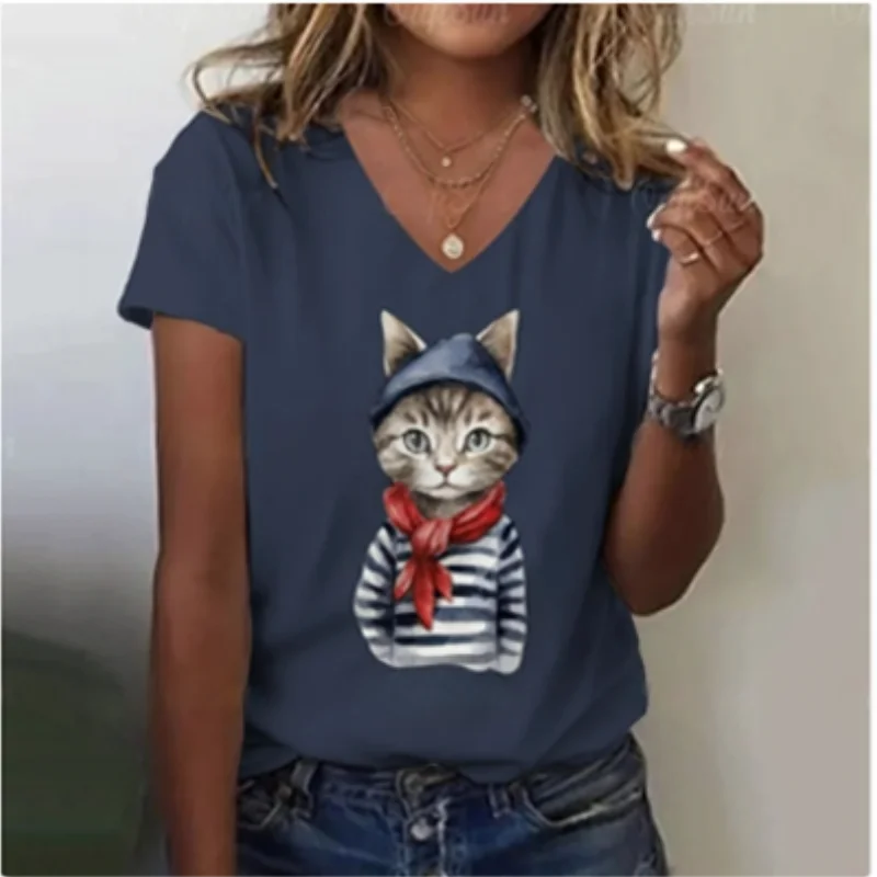 New cute style pattern short sleeved top for women's casual and comfortable commuting V-neck T-shirt for summer women's clothing