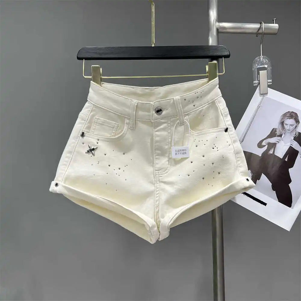 Faionable Low-Waist Flared Denim orts Glittery Trendy Summer Wear A-Line Hot Pants Neutral Sle High Waist Zipper Closur...