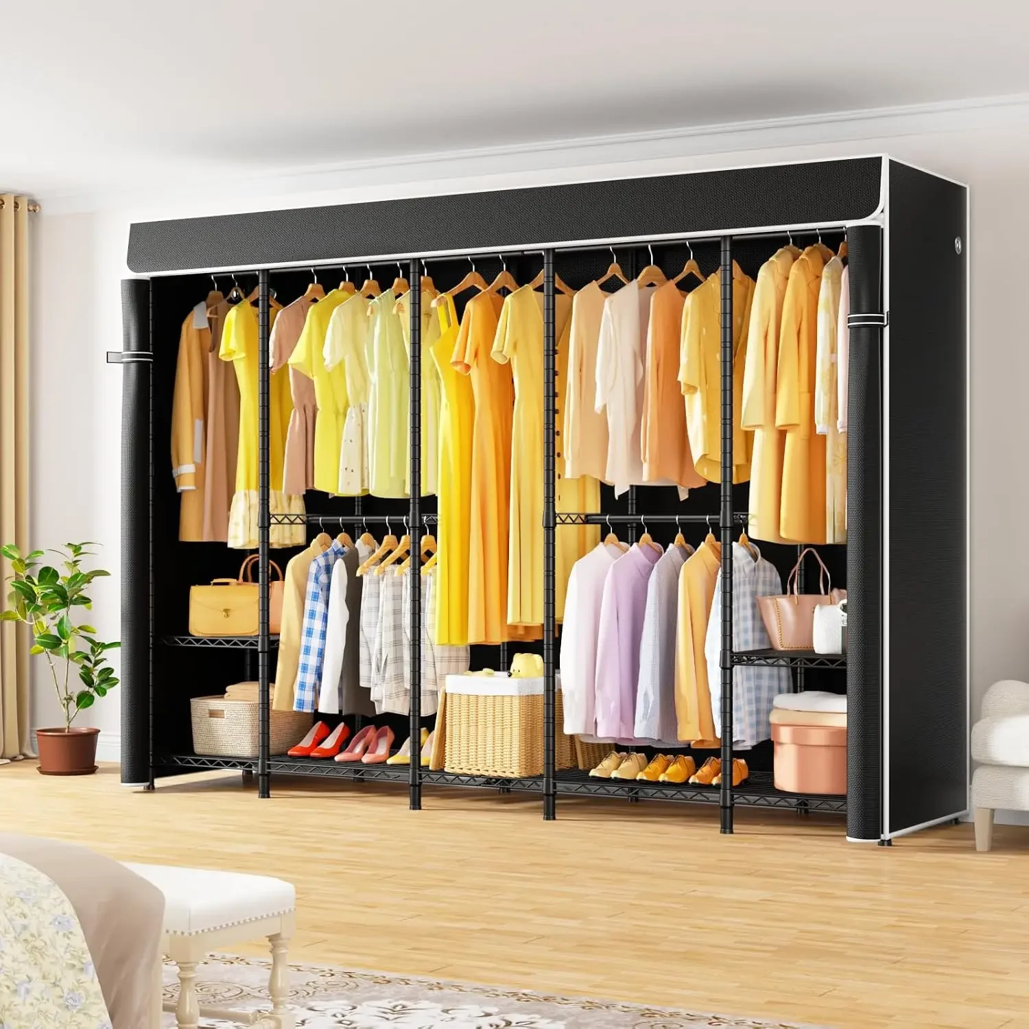 Extra Large Freestanding Heavy Duty Garment Storage Rack with Protective Cover, Portable Hanging Clothes Organizer, Black Covered Wardrobe Unit Supporting 1350 Lbs Max Load