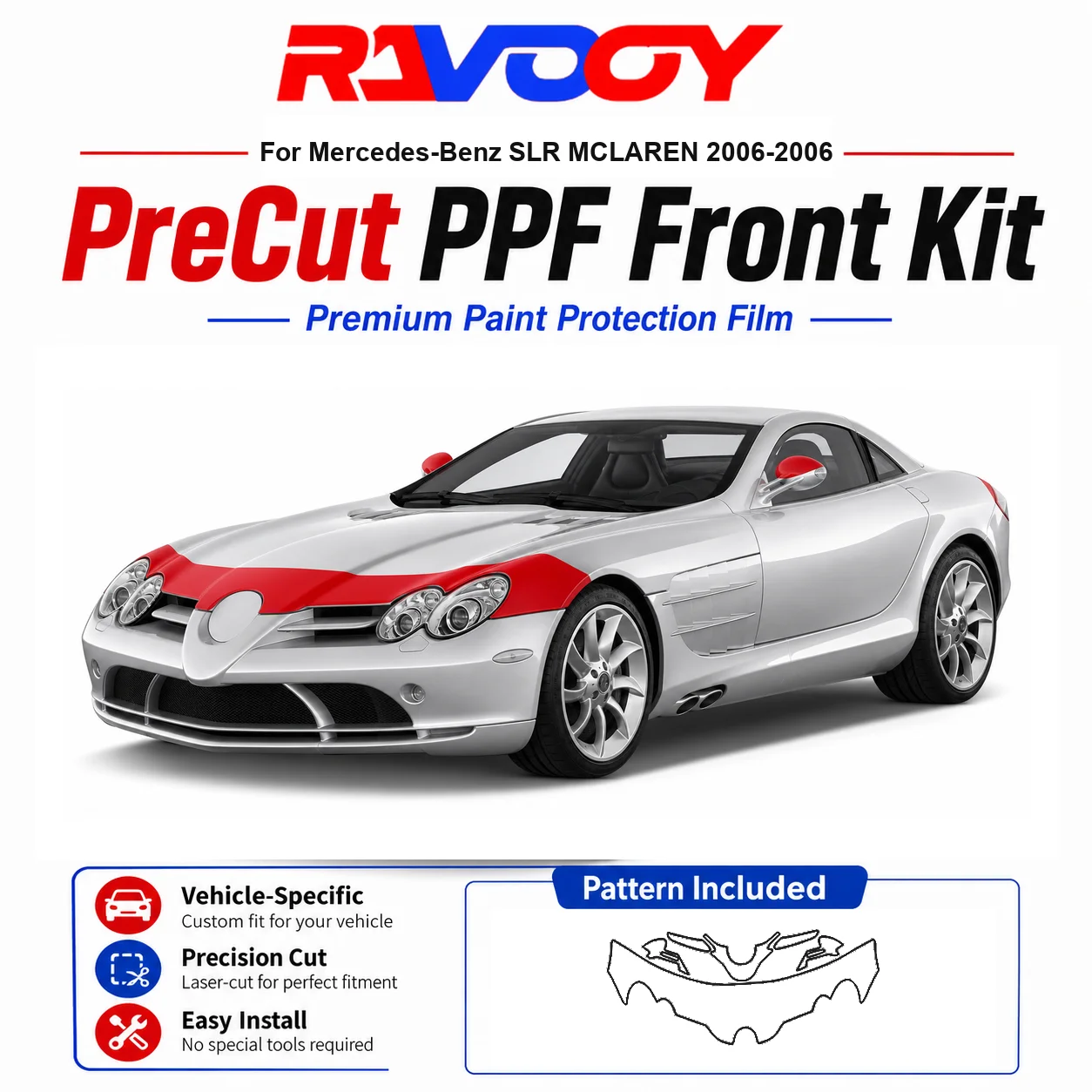 

8.5mil TPU Precut PPF Kit For Mercedes-Benz SLR MCLAREN 2006-2006 - Hood, Fenders & Mirror Set - Self-Healing Clear Bra Film