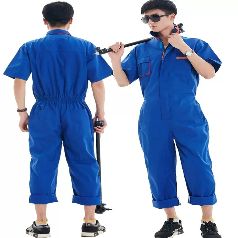 High quality Workshop Wear Clothes Unisex Summer Short Sleeves Engineering Uniform Patchwork Siamese   Cleaner Work Wear blue