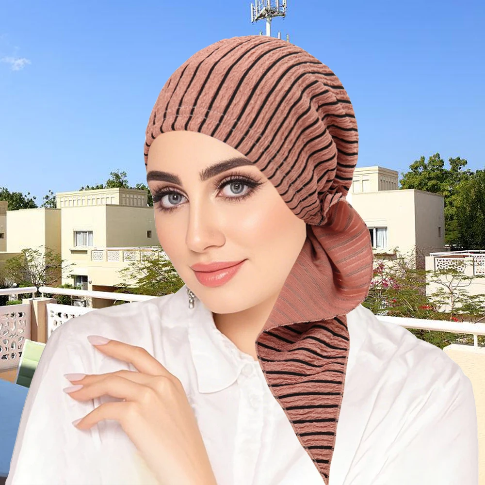 

Новая полосатая предварительно завязанная шляпа, женский мусульманский внутренний хиджаб, тюрбан, шапка от рака, химиотерапия, головной платок от выпадения волос, эластичные шапочки, капот, повязка на голову