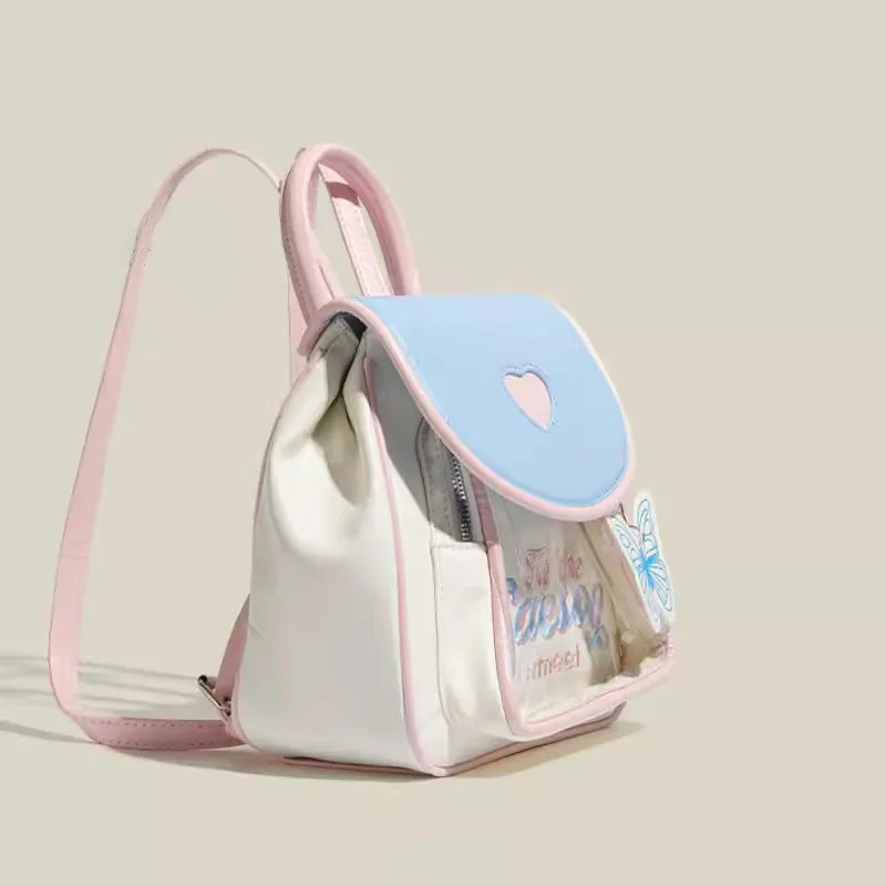 Dopamine Color Block Heart Flap Mini Backpack Embroidery Letter Butterfly Cute Light Small Bag For Girls Commute Travel