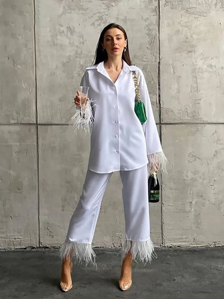 Silk Pajamas for Women Causal Home Suit Spring Elegant Loose Shirt 2 Piece Pants Set Female Feather Spliced Trouser Suits