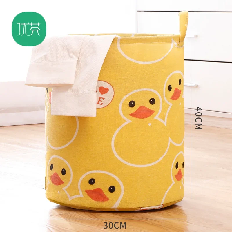 Bedroom Hamper Household Clothes Bucket Clothes Storage Basket Foldable Clothes Round Cotton Linen Basket Clothes Toy Storage