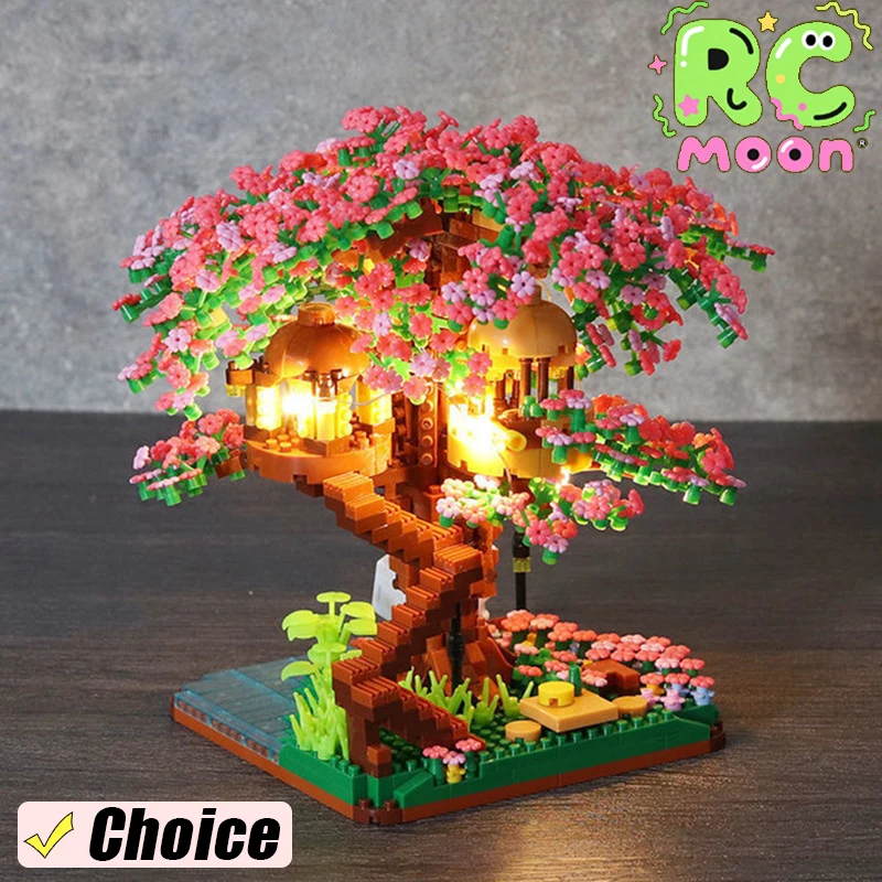 DIY Romantic Peach Flower Tree House Microparticle Building Blocks Simulated Building Assembly Model Toys For Kids Gifts