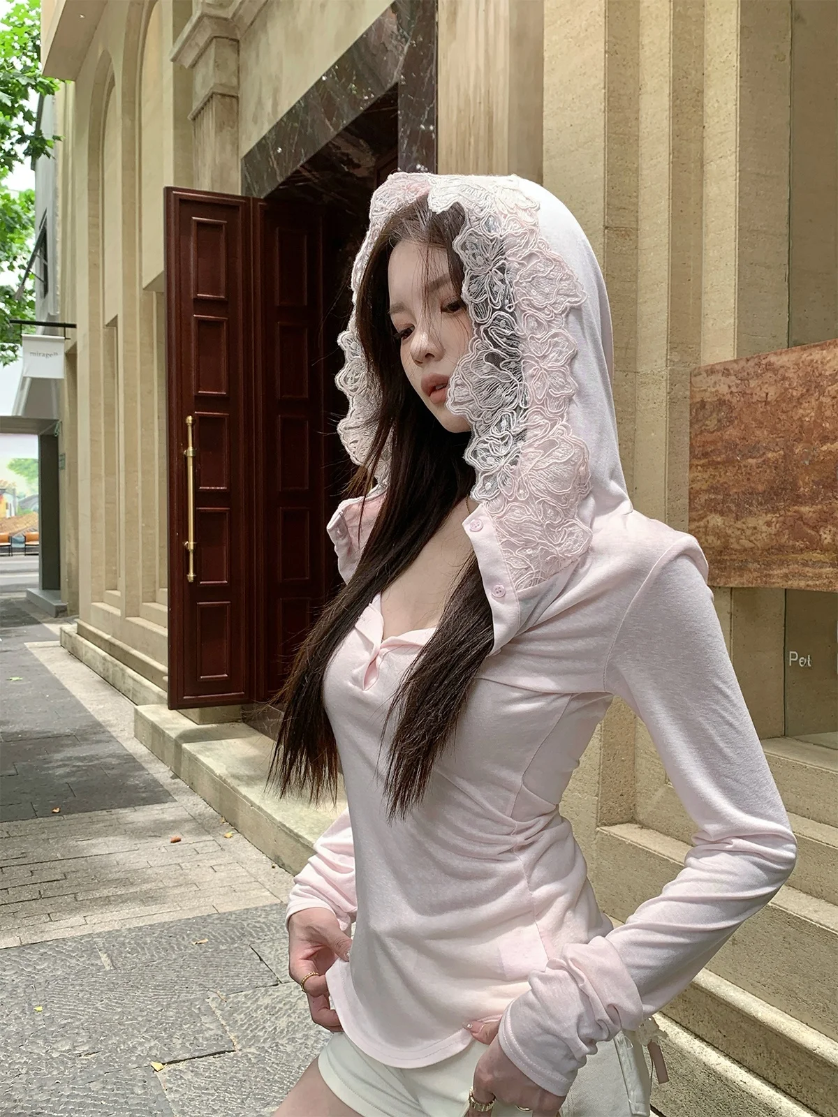 

Roluissya Pink Silk Hat Sun Protection Clothes Women's Spring Summer Lace Design Slim Long Sve Cover up Top