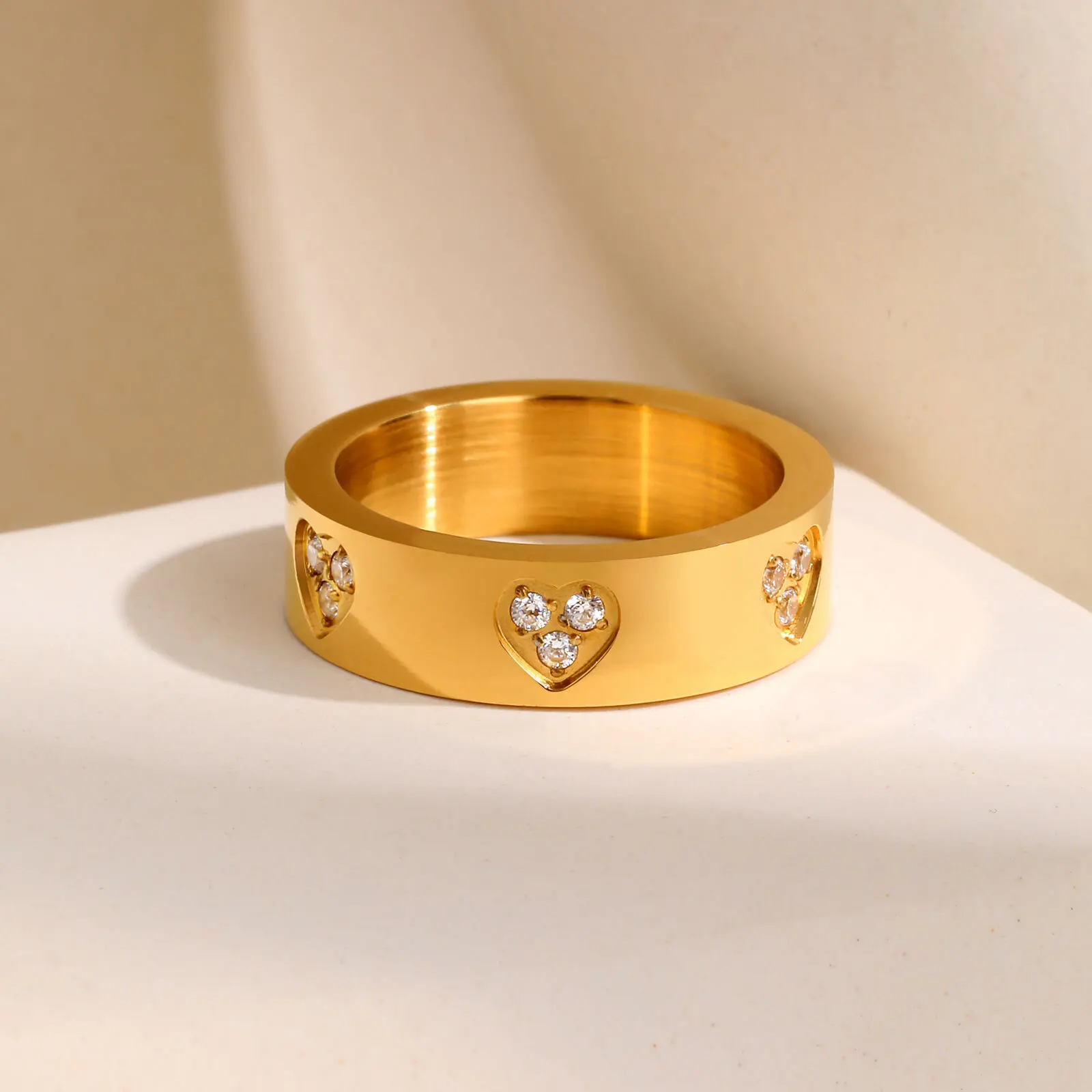 Vnox Stainless Steel Classical Rings For Women Men,Heart Carve Three Zircon Inlay Stackable Rings,Charm Jewelry Love Statement