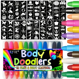 

Kit de 12 Crayons de Maquillage Visage et Corps + 92 Pochoirs — Ensemble de 12 Crayons de Maquillage pour l'Art, le Théâtre, Hal