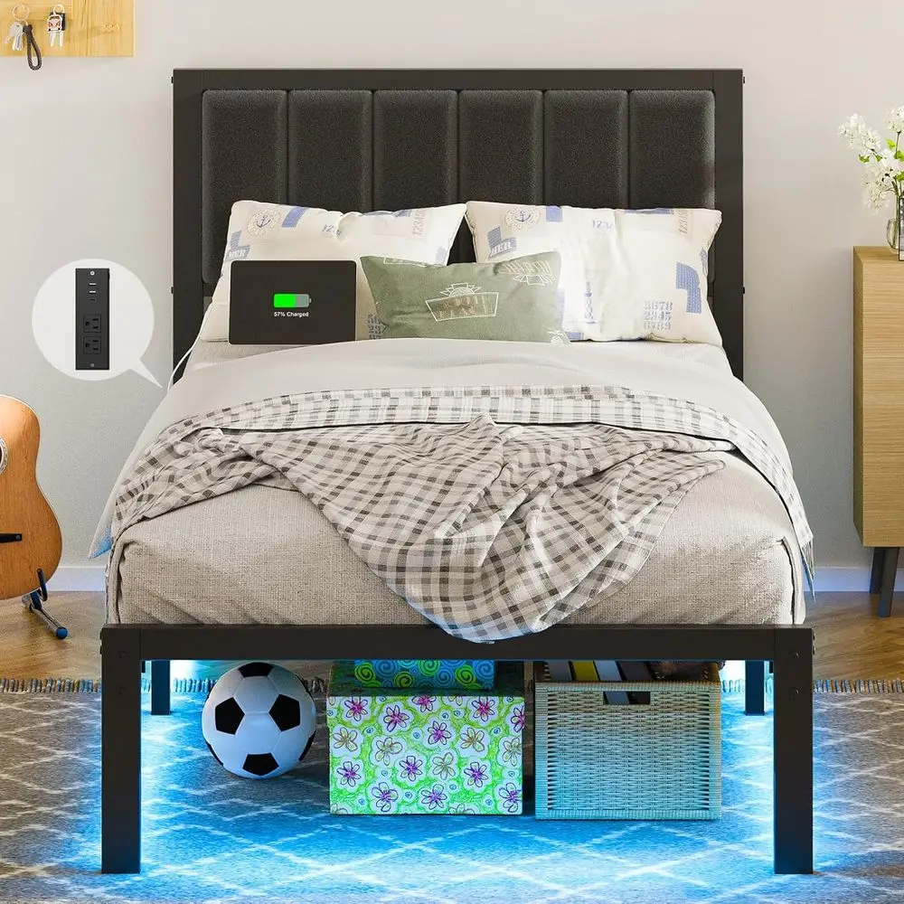 

Twin Bed e with board Metal Platorm Bed Twin Size with USB Charging Station , No Box Spring Needed