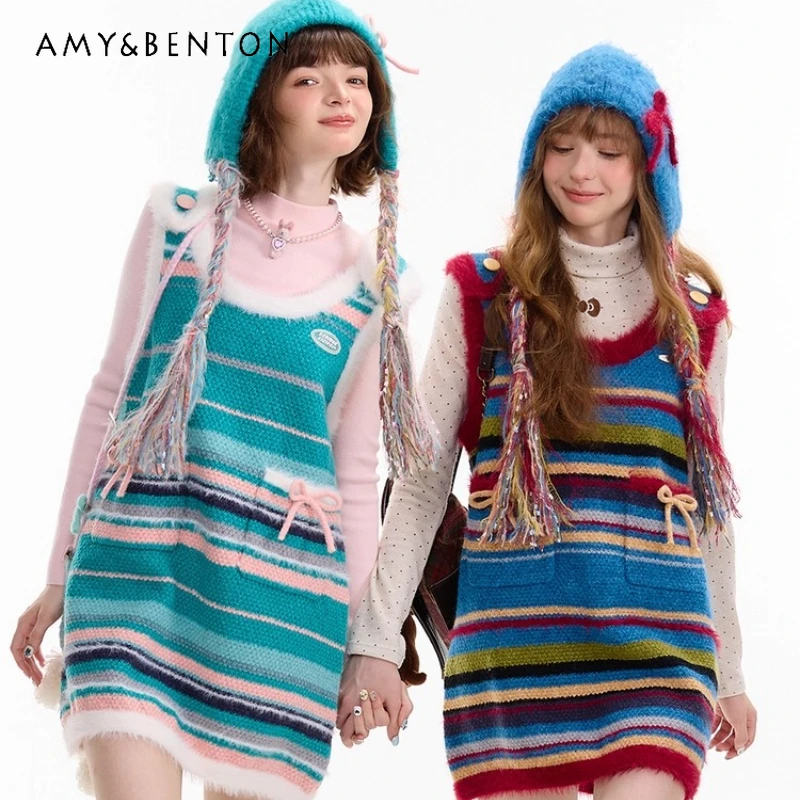 

Autumn Winter New Striped Bow Knitted Women's Vest Dress American Retro Design Versatile Cute Sweet Warm Sling Dresses Ladies