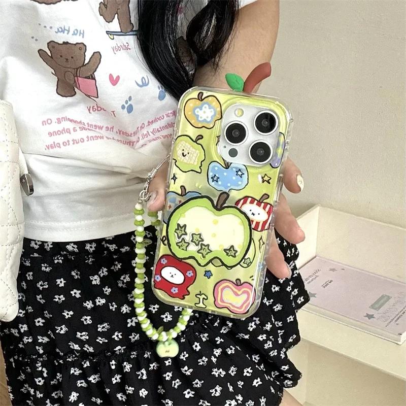 

Funny Cute Shaking Green apple Stand Case For iPhone 16 Pro 15 13 14 Phone Cover with Chain Kawaii Shockproof Cases 16pro Funda