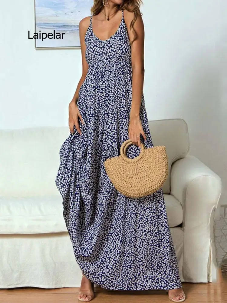 Vestido largo Floral de viscosa para mujer, vestido bohemio largo con estampado Floral, tirantes finos, cuello en V, corte en A, para fiesta de verano