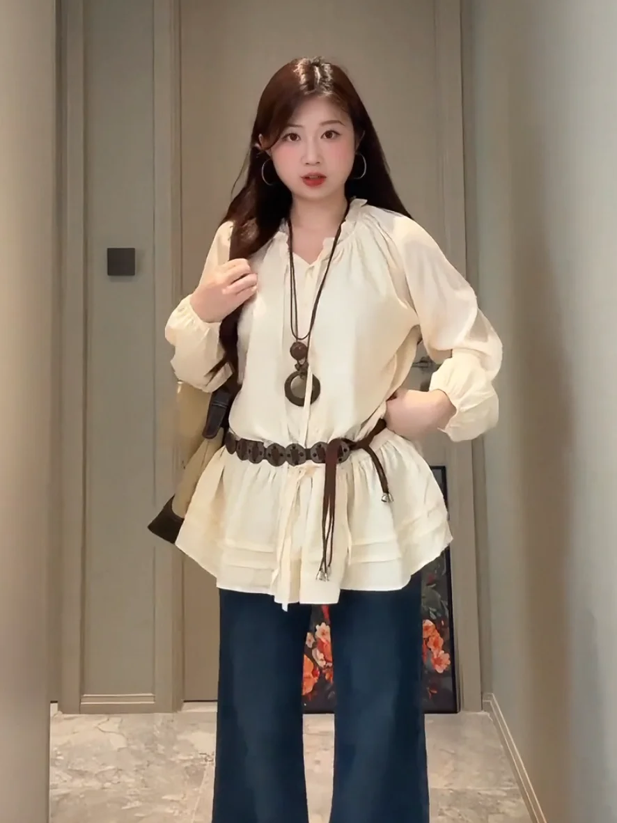 

Ele Oversized Women's irt with Lace Trim Fall New Design Unique Beautiful Top Commute Sle Long Sve V-Ne irt