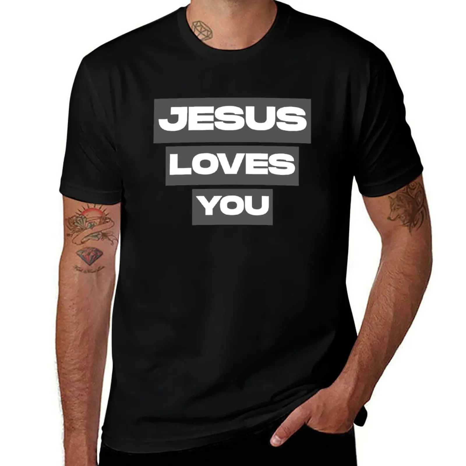 

jesus loves you (black and white version) T-Shirt customizeds cotton graphic tees graphic t shirts anime figures outfits for men