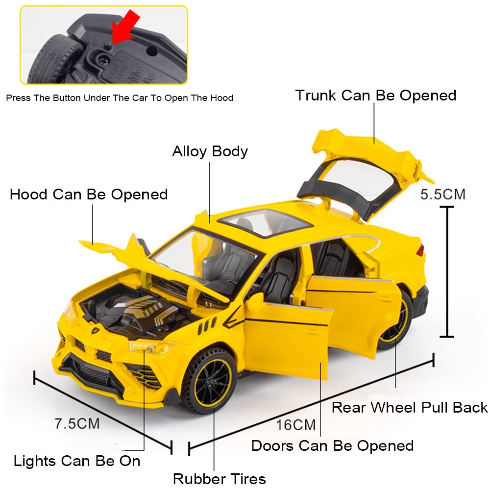 1:32 Lambor LP740 URUS Sports Car Model Toy Metal Body Vehicles Sound Light Pull Back Supercar Computer Desktop Ornaments