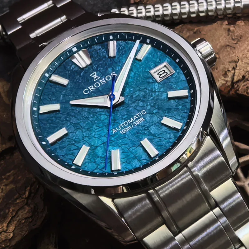 2026 New Cronos Men Watch 36mm Automatic PT5000 Miyota 9015 Movement Wristwatches White Dial Birch Pattern Sapphire 10 ATM L6049