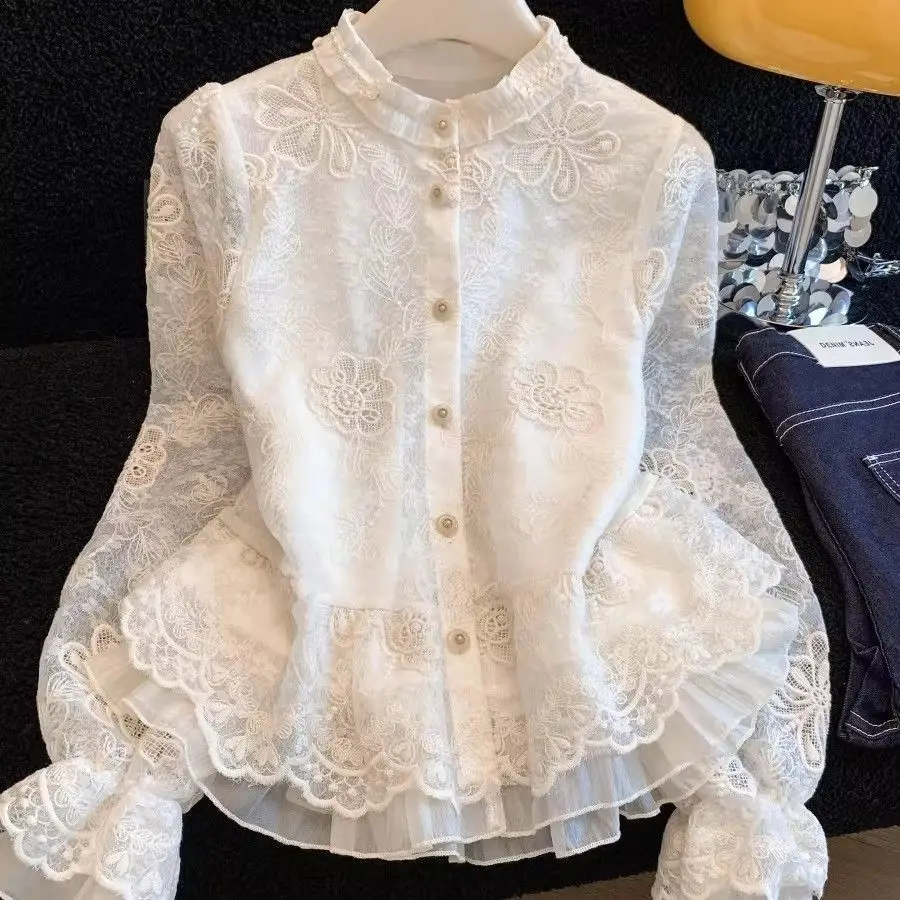 

Lace Embroidered Court Shirt 2026 Spring Temperament Top shirts for women ropa de mujer oversized t shirt
