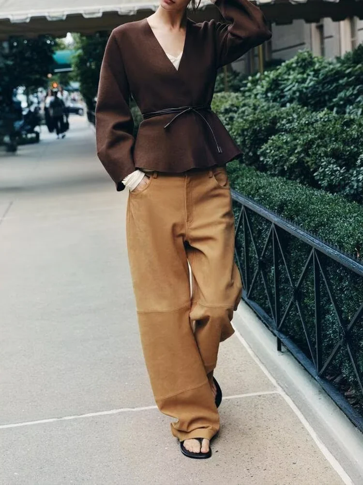 

Новая женская мода в европейском стиле, универсальный темперамент с поясом, V-образным вырезом и длинными рукавами, вязаная куртка