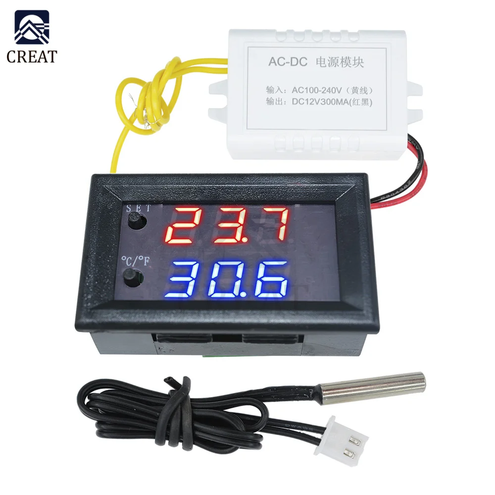 W1209WK LED Digit Thermostat Temperature Controller Thermograph Celsius/Fahrenheit Switch Module with NTC Sensor Probe 12V 220V