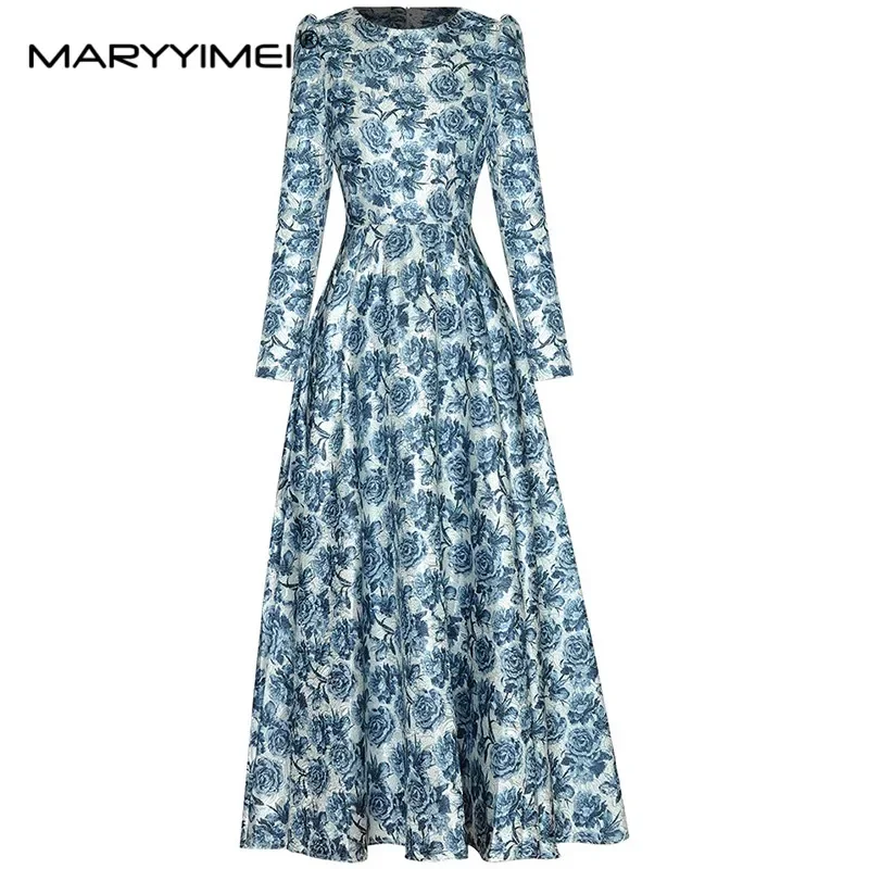 

MARYYIMEI Autumn Fashion Women's dress Long sleeved Rose Floral-Print Long Dresses