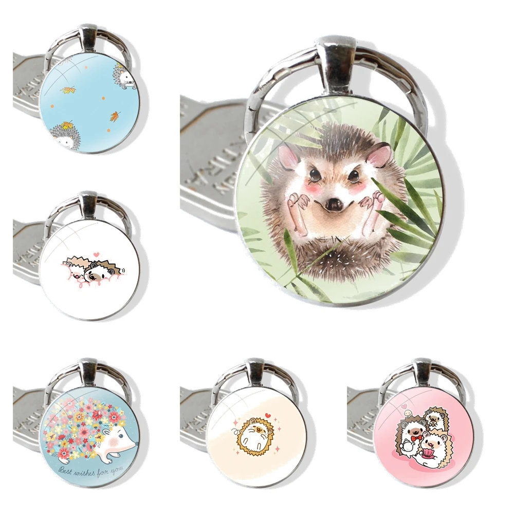 25mm Glass Cabohcon Keychain Key Rings for Women Men Jewelry Gift Hedgehog  Animal Art