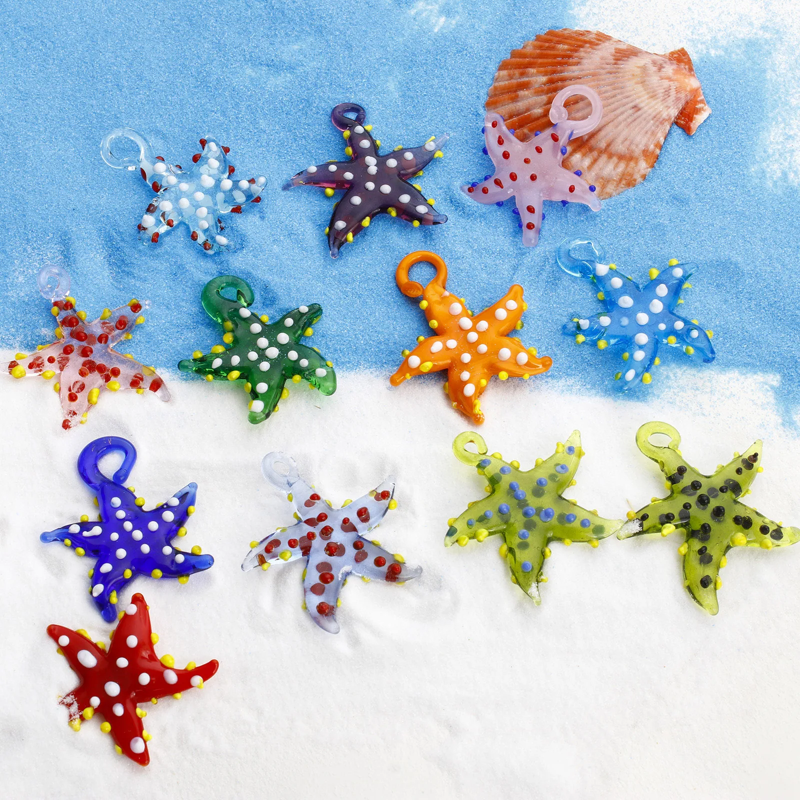 2 PCs 3D Starfish Dot Lampwork Glass Ocean Jewelry Pendants Necklace Charms Tiny Sea Star Fish Aquarium Decoration Accessories