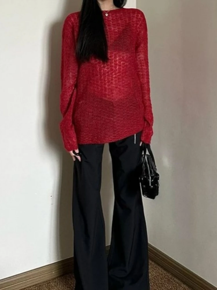 

Y2k Aesthetic Solid See Through Knitted Women T-shirt Vintage Cross Backless Sexy Grunge Tees Autumn Harajuku Loose Tops Femme