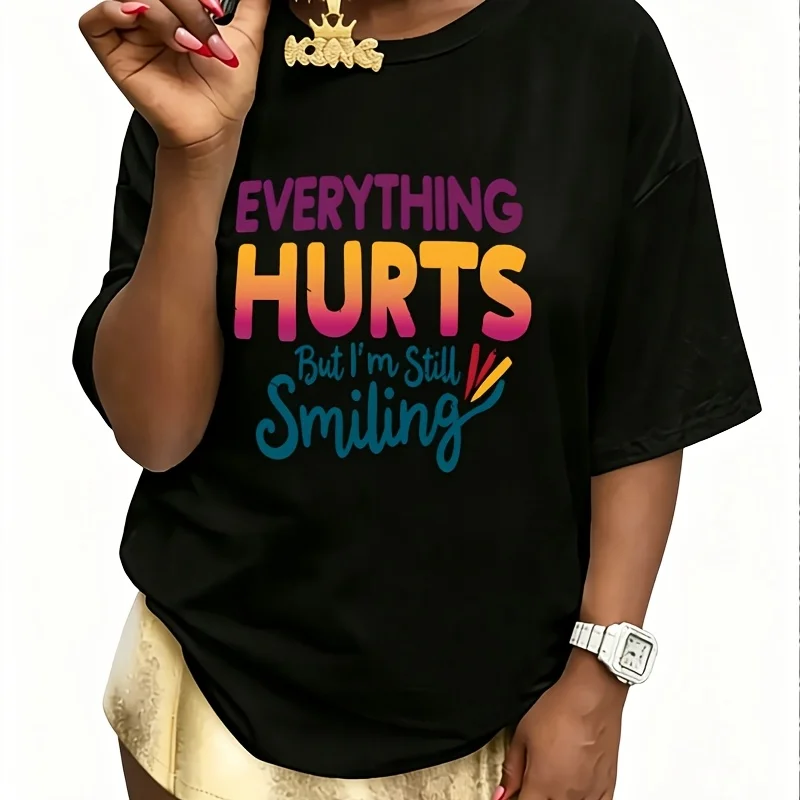 Featuring a Humorous Quote “Everything Hurts, I'M Very Hungry” Women's 100% Cotton T-Shirt Fun Print Short Sleeve Top Casual Round Neck Tee S-5Xl