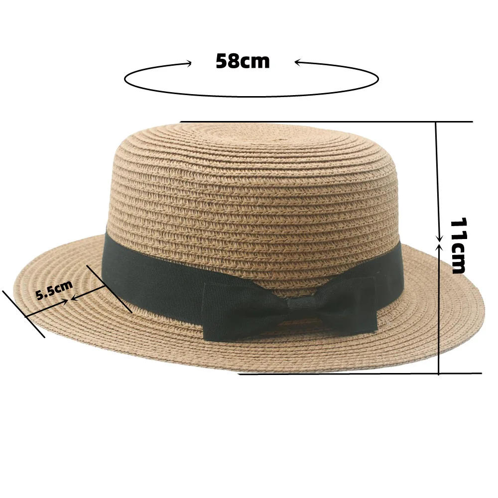 Candy Color Women's Summer Straw Hat Top Hat Small Chilin Butterfly Bow Flat Top Sun Shading Beach Hat Panama Cap