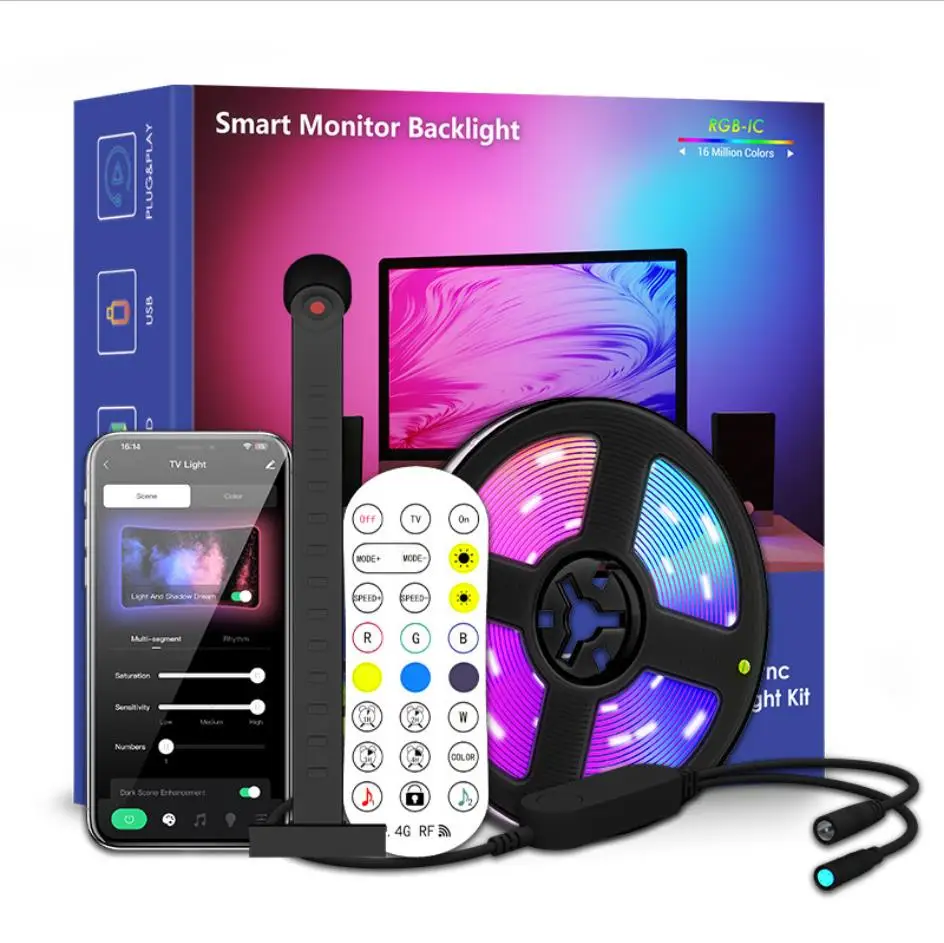 RGBIC LED TV-achtergrondverlichtingsstrip met camera-app-besturing, muzieksynchronisatie, slimme verlichting voor gamekamer, 55-75 inch sfeerverlichting