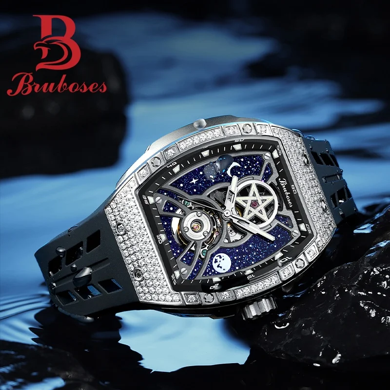 

Men's Mechanical Watch with Automatic Diamond Hollow-out Winding BRUBOSES Luxury Silicone Waterproof Luminous Clock Montre Homme