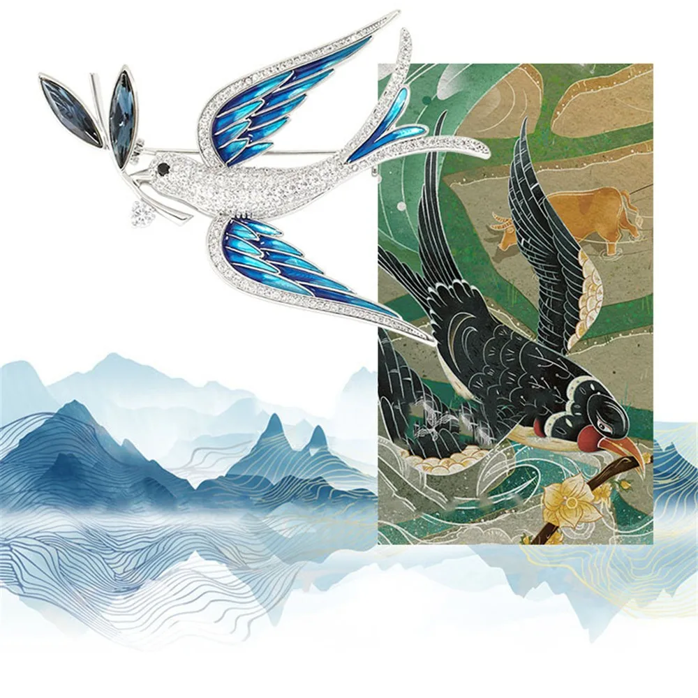 Luxury Blue Swallow Bird Brooches for Women Anti Glare Crystal Inlaid Rhinestone Fashion Brooch Pins Jewelry Gifts image 3