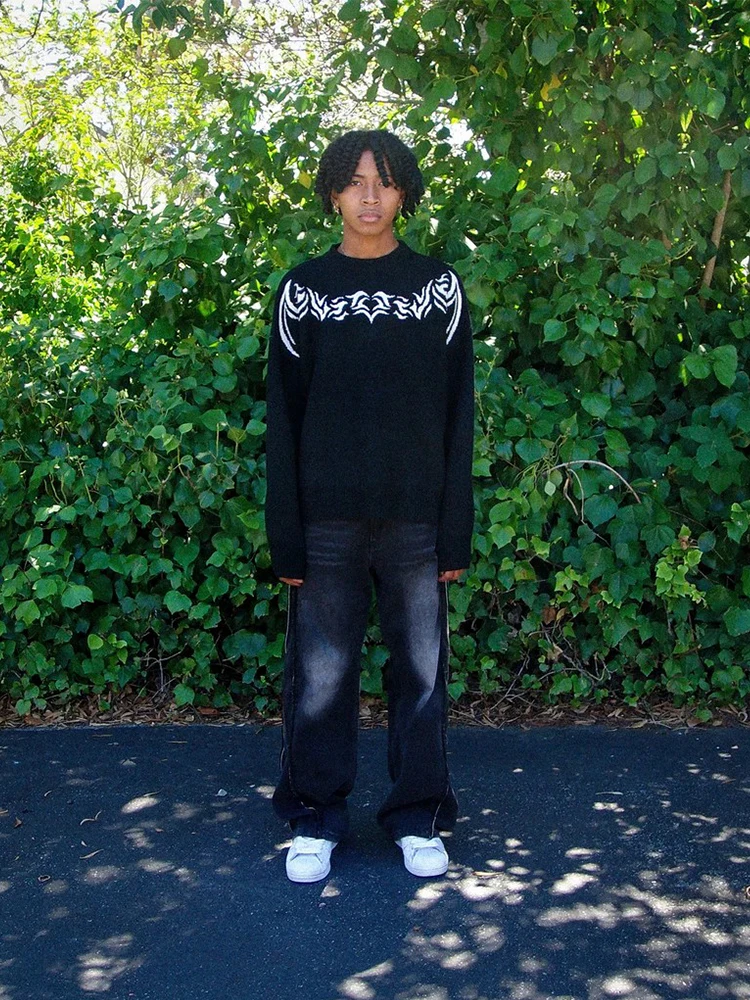 

Harajuku fashion street hip-hop knit pullover sweater fall and winter season jacquard American retro men's tops Y2k clothing