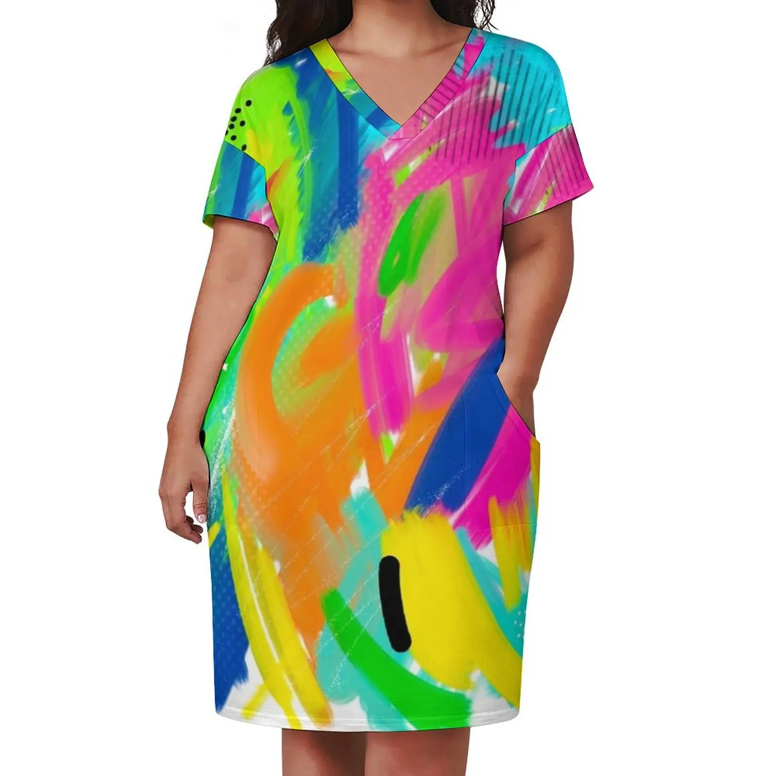 Colorful Abstract Painting Loose Pocket Dress long sleeve dress elegant women