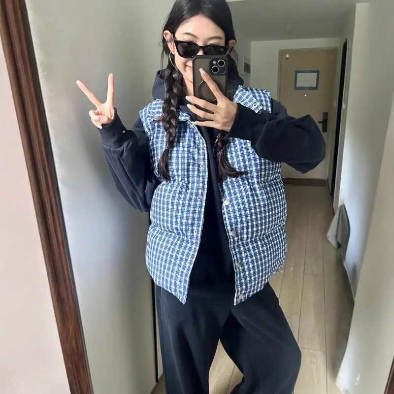 

Корейский стиль, ретро, синяя сетка, воротник-стойка, универсальная куртка без рукавов с хлопковой подкладкой, жилет, женский осенне-зимний утепленный жилет ﻿