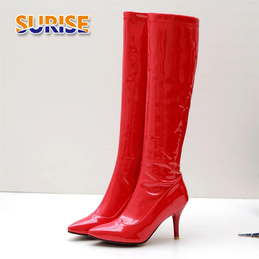 

Winter Autumn Women Knee High Boots 8cm Thin Spike Heels Red Patent Leather Sexy Party Club Pointed Toe Zipper Riding Long Boots