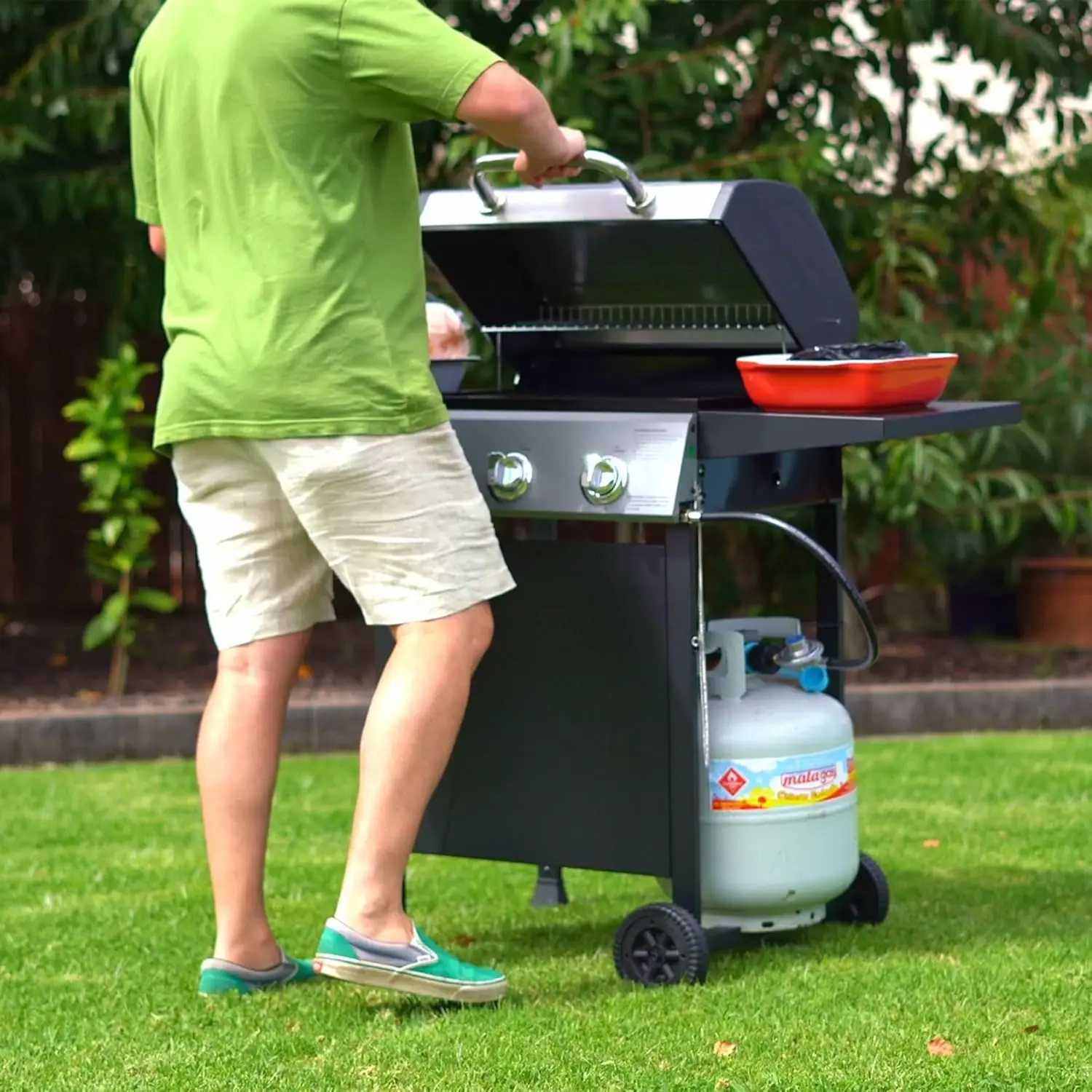 Outdoor BBQ Propane Gas Grill with Side Burner, Lid, Wheels, Shelves, Bottle Opener, and 3 Burners,Black