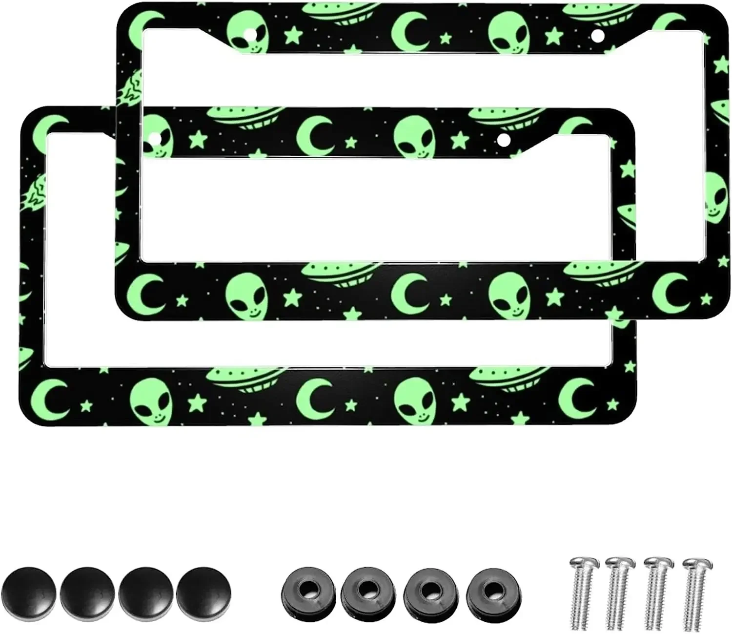 

Green Alien Moon UFO License Plate Frames 2 Pack Aluminum License Plate Cover Holders for Front and Rear Car Tags