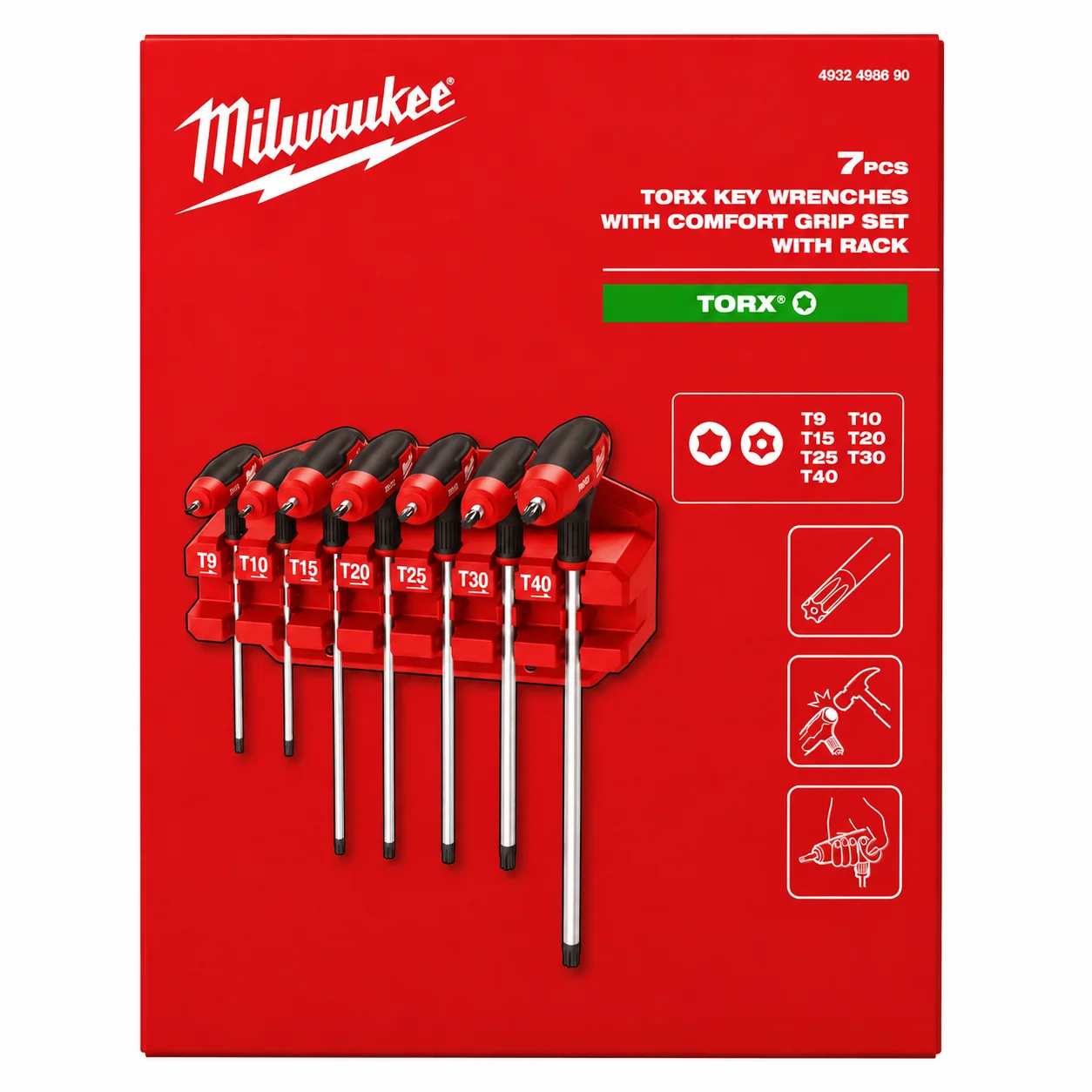 Milwaukee 4932498690 7Pcs T-Handle Torx Key Set, Comfort Grip Star Wrenches with Storage Rack Hand Tool