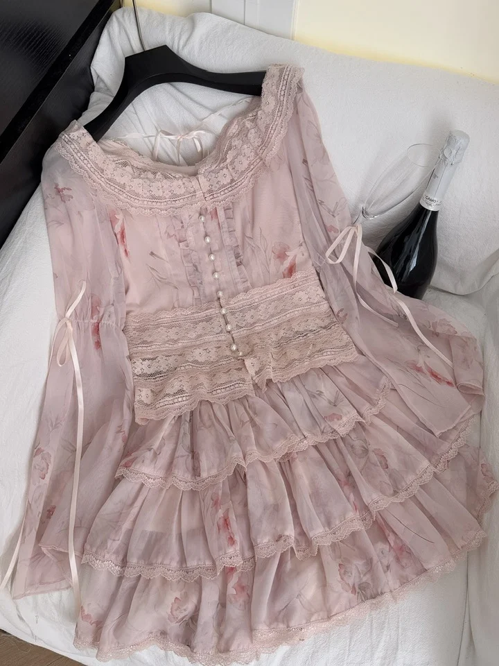 

Heavy Embellied Lace Floral Print Waist-Cinching Bell Sve irt ort Skirt Set Women's Faion Summer Outfit Button Clo...