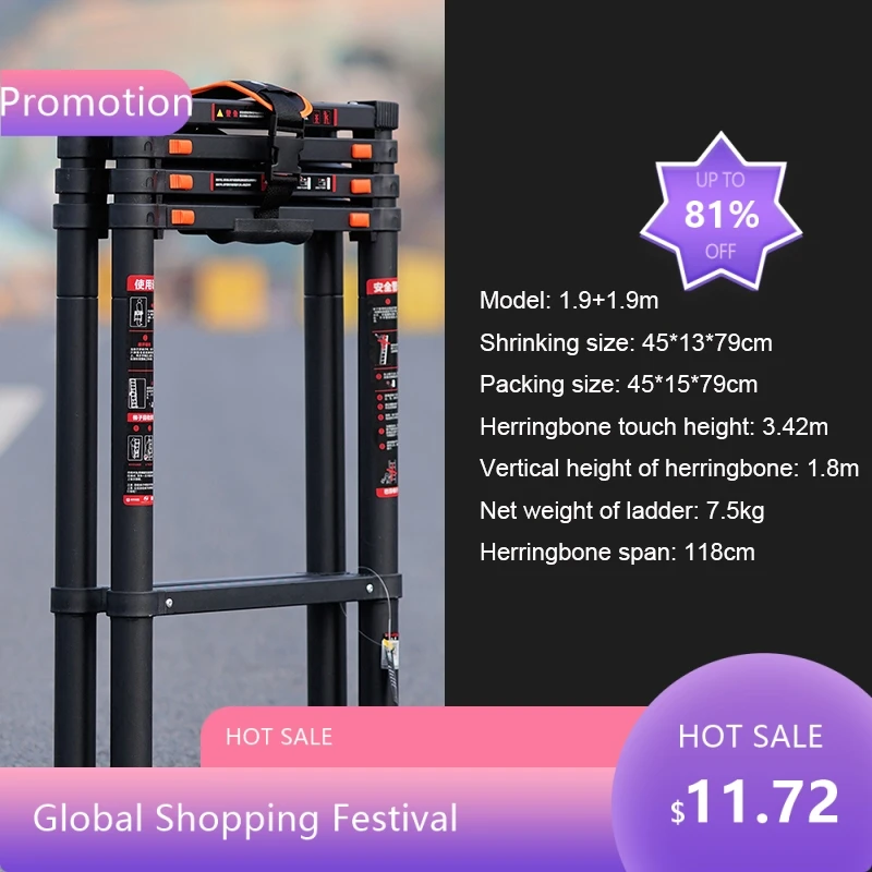 

88441.5+1.5m/1.9+1.9m multifunctional aluminum alloy telescopic herringbone ladder, household portable engineeri