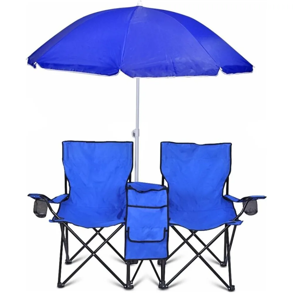 

! Portable 2-Seat Folding Camp Chair with Cooler, Umbrella & Cup Holders – Outdoor Picnic, Beach, or Tailgate Seating – Carry Ca