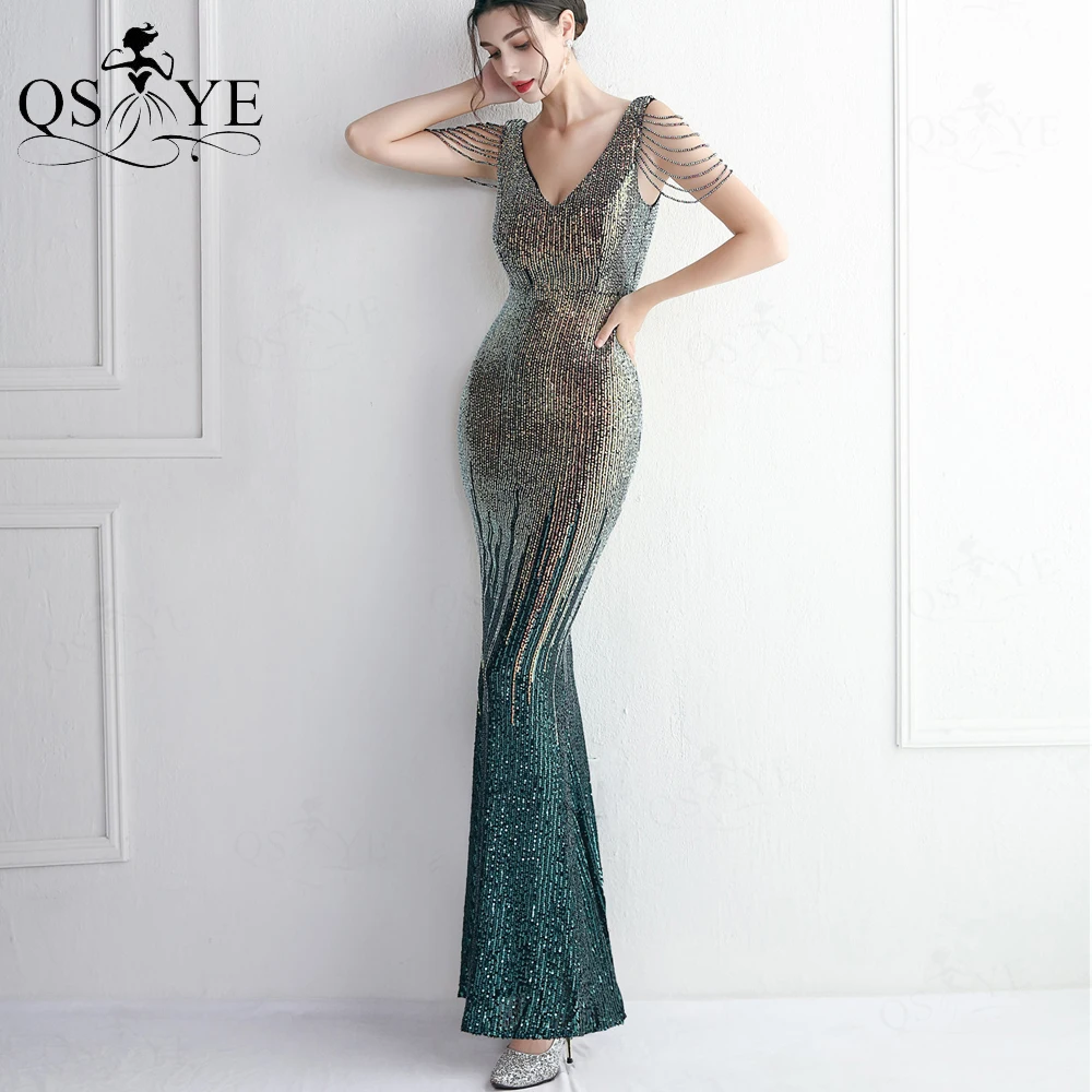 

Fading Sequin Green Long Prom Dresses Beading Straps Mermaid Evening Gown ColorfulGlitter V neck Emerald Girl Formal Party Dress